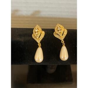 Vintage Gold-Tone Rhinestone Faux Pearl  Dangle Drop Marvella Earrings